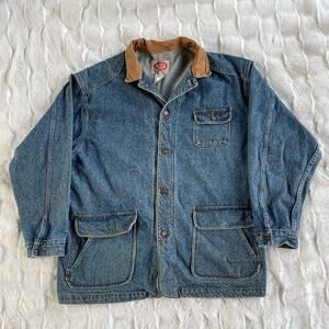 🔥VTG Australian Outback Denim Jacket Barn Chores Cargo Pockets Leather Trim XL